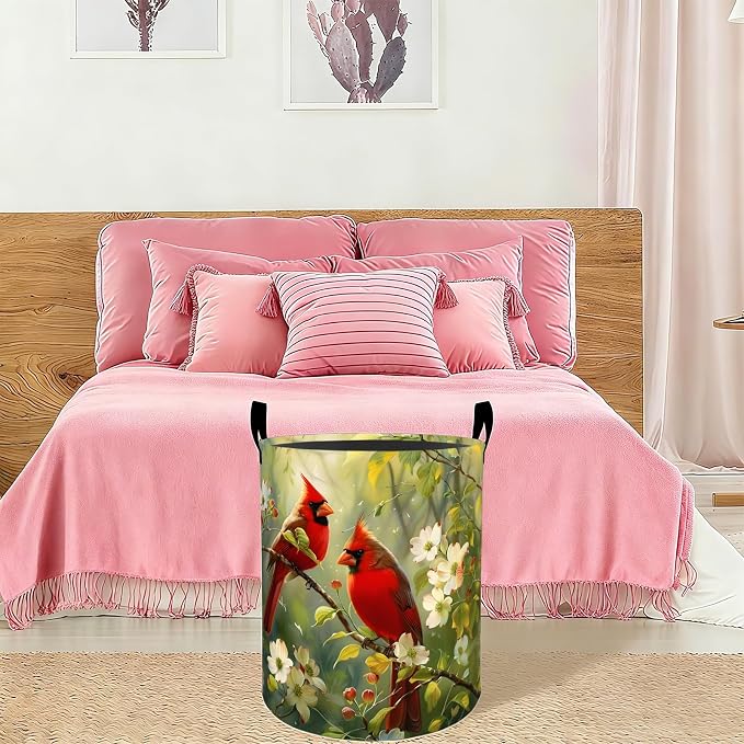 Red Cardinal Bird Laundry Basket Hamper 19.7"x15.8", Organizer Bins Gifts for Kids Boys Girls, Wildlife Foldable Waterproof Oxford Clothes Storage Bucket for Bedroom Bathroom Decor