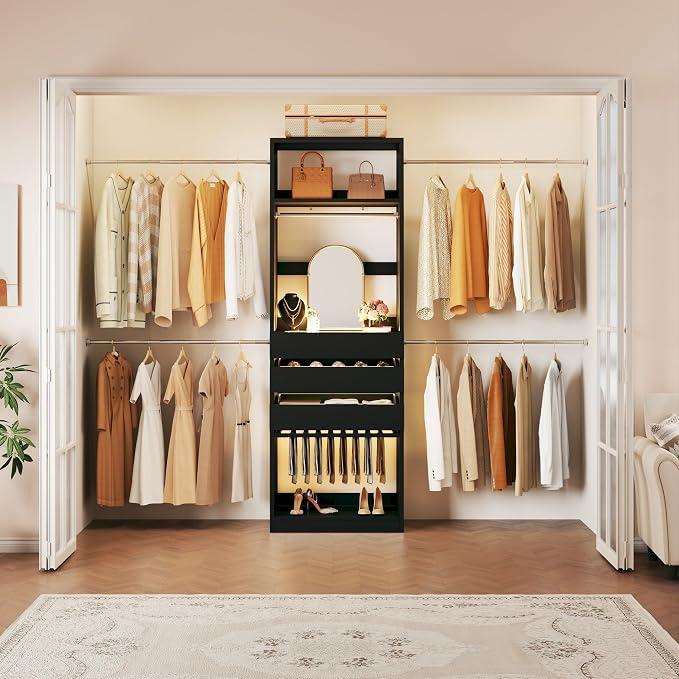 Closet System, 4-8FT Closet Organizer with 3 Wood Drawers & Glass Top, 102'' Walk in Closet with 5 Hang Rods & LED Lights & Trouser Rack, Built-in Wardrobe Clothes Rack with Shelves and Tower, Black