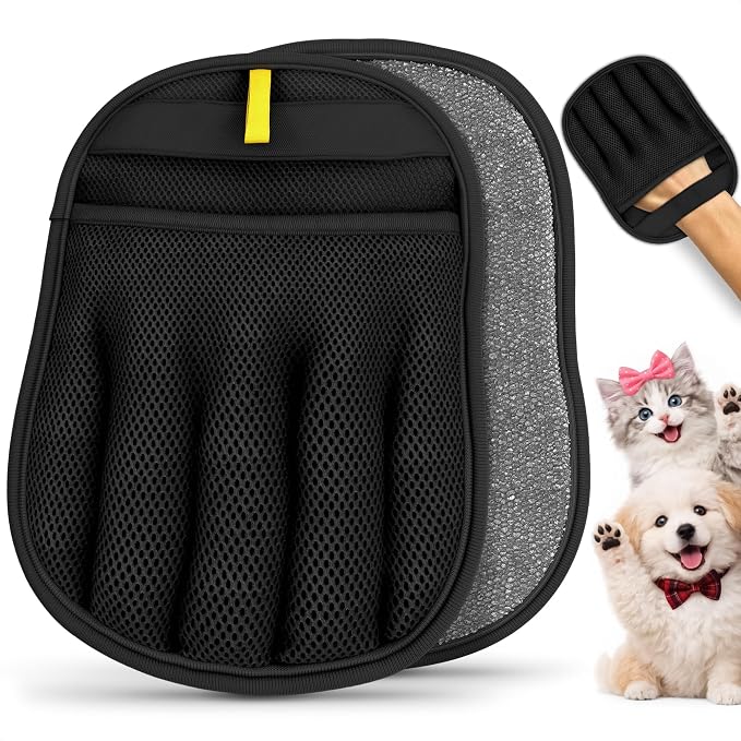 Pet Hair Remover Glove for Cats and Dogs, Reusable, 9.25 x 6.69 in | Grooming Mitt with Five-Finger Fit, Static Lift, Washable Mesh, for Couch, Carpet, Car Seat, Furniture, Bedding, and Clothing