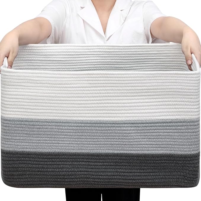 Optish 95L Large Blanket Basket, Woven Storage Baskets with Reinforced Handles, Rope Laundry Basket for Living Room, Bedroom, Nursery, Toys, Clothes, Pillows, 24” x 17” x 13.5”, White & Grey