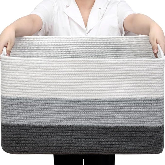 Optish 95L Large Blanket Basket, Woven Storage Baskets with Reinforced Handles, Rope Laundry Basket for Living Room, Bedroom, Nursery, Toys, Clothes, Pillows, 24” x 17” x 13.5”, White & Grey