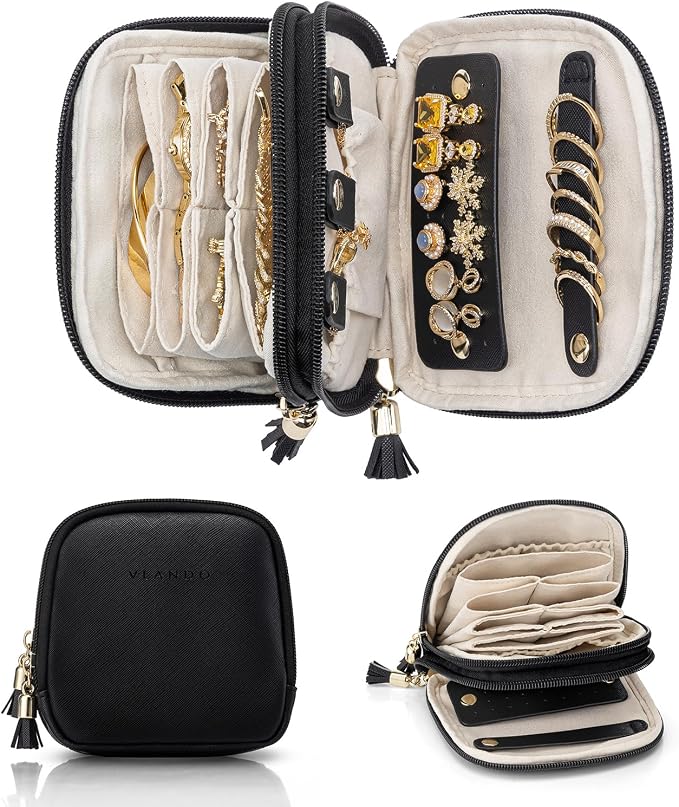 VLANDO 2-Layer Travel Jewelry Organizer for Necklaces,Rings,Earrings | Multi-Compartment Faux Leather Pouch with Velvet Lining Designed for Business Trips,Vacations,Daily Carry,Black