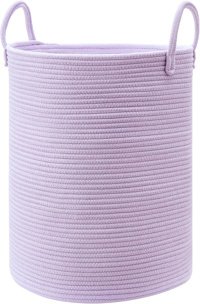 80L Large Purple Hamper Laundry Basket for Girls Kids Lavender | Tall Woven Blanket Basket for Nursery Cotton Rope Lilac Clothes Hamper in Bedroom 16Dx22H inches