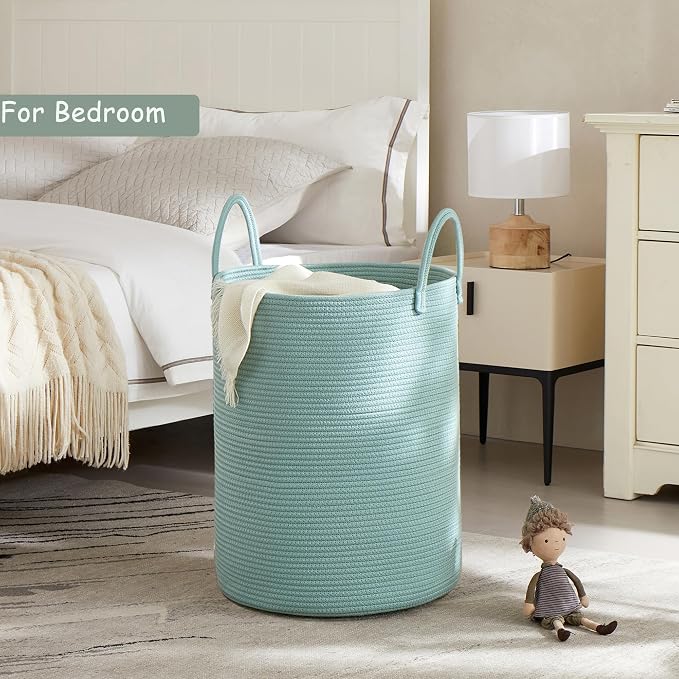 Tall Green Hamper Cotton Rope Laundry Basket 15Dx20H Inches | Woven Basket for Clothes Blanket Storage in Bedroom Living Room for Baby Nursery Kids Toys Organize 60L Large Capacity