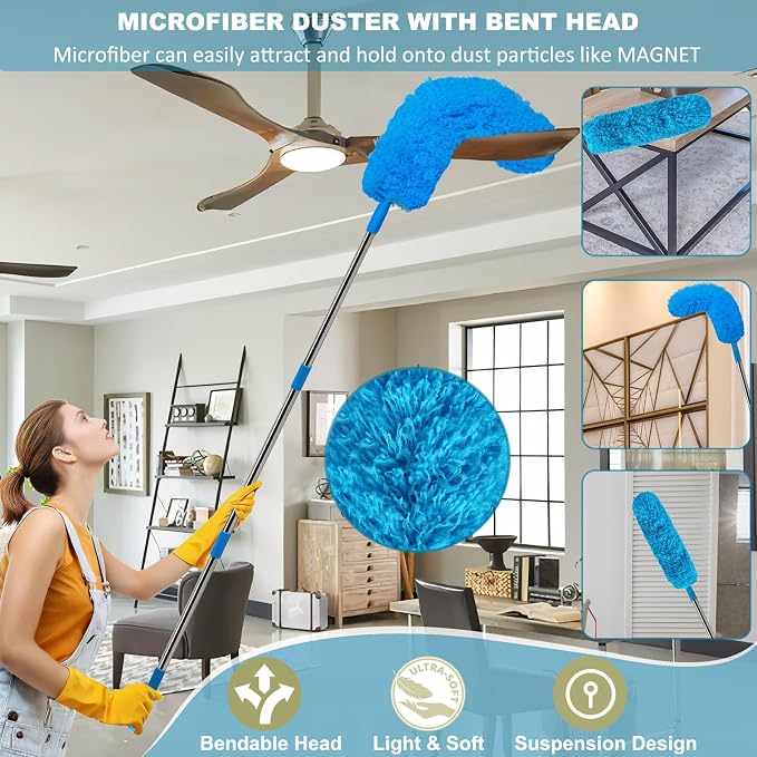 20+ Ft High Reach Ceiling Fan Duster & Cobweb & Corner Brush Duster with 3-13 ft Extension Pole, Microfiber Feather Duster with Washable Head for Ceiling Fan, Furniture, Home Cleaning