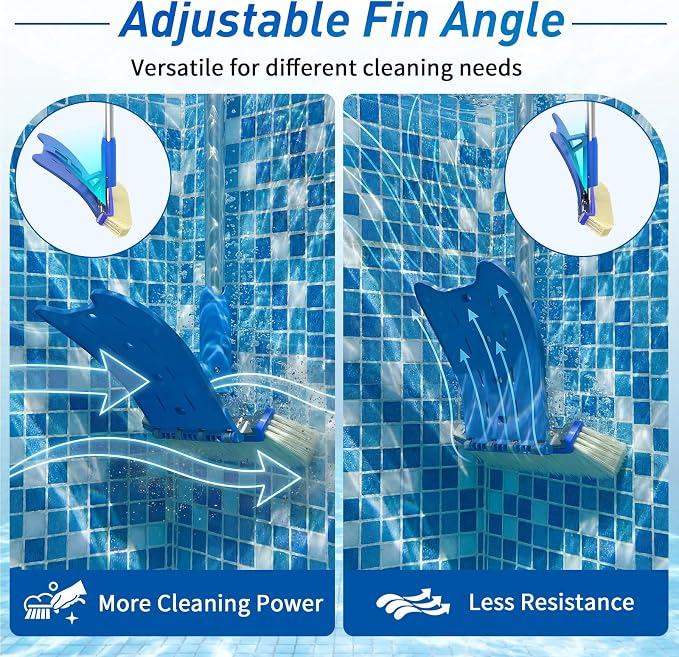 Pool Brush with Brush Tail for Cleaning Pool Walls Using Water Pressure, 18" Tough Plastic Bristles Pool Brush Head with EZ Clips Fit Most Poles (Pole not Included)