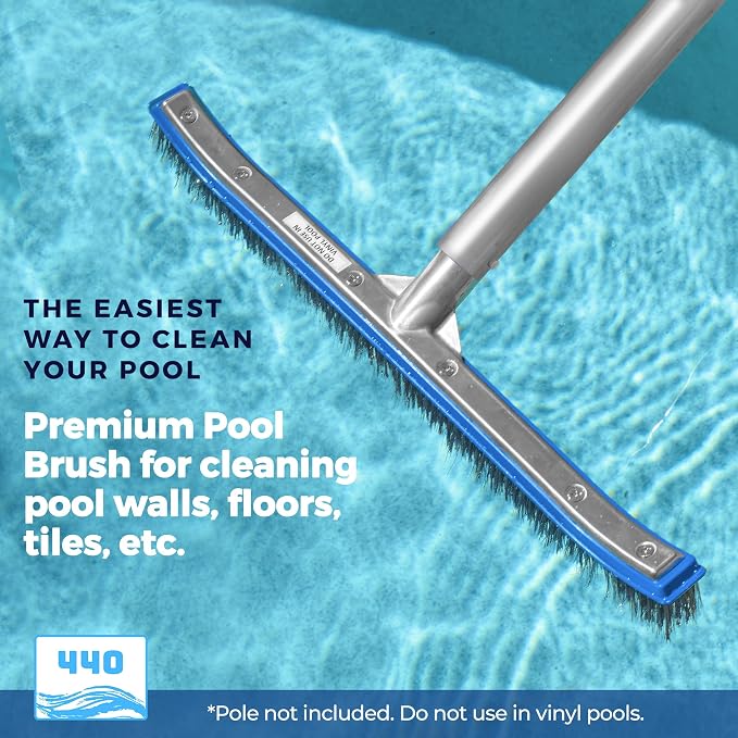40 Heavy Duty Pool Brush - 18-inch Extra-Wide Metal Brush Head with Stainless Steel Wire Bristles & Curved Edges for Cleaning Pool Tiles, Walls, Floor, Steps - No use in Vinyl Liner-Fiberglass Pool