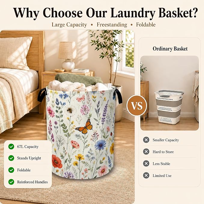 Wildflower Butterfly Collapsible Laundry Hamper for Bedroom, Freestanding Oxford Clothes Basket, Large Foldable Storage Bin with Easy-Carry Handles for Bathroom Dorm Laundry Room