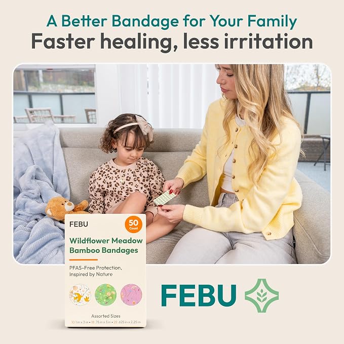 FEBU Wildflower Meadow Print Bamboo Fabric Bandages, 50 Count Strip | PFAS-Free, Natural Hypoallergenic, Compostable, Latex Free; For Scraps, Cuts and First Aid