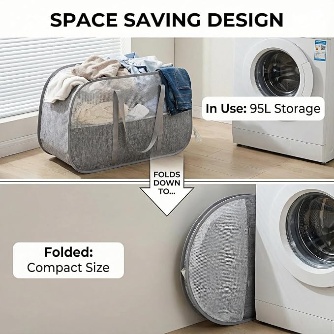 95L Collapsible Laundry Basket, Dirty Clothes Hamper | Foldable Laundry Hamper with Handles, Breathable Mesh Design, Sturdy Steel Frame, For Bedroom, Dorm, Bathroom