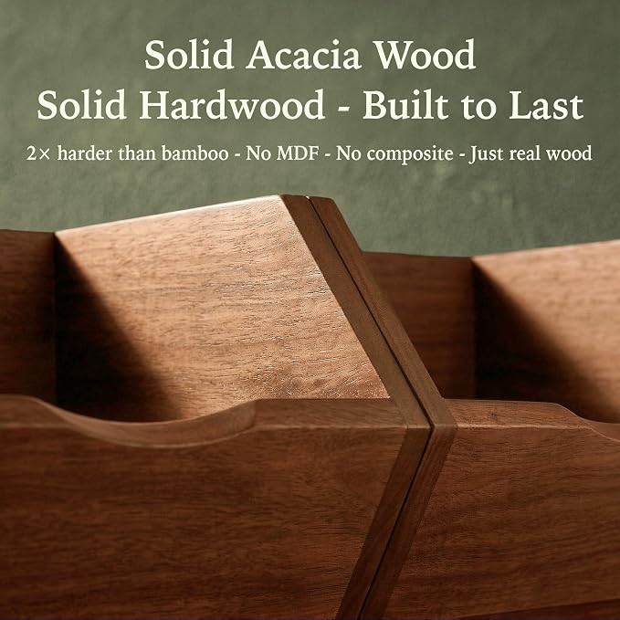 Acacia Wood Pantry Storage Bins Set of 3, Stackable Kitchen Storage Baskets for Potatoes, Onions and Produce, Handcrafted Wooden Organizer for Pantry, Counter and Cabinet