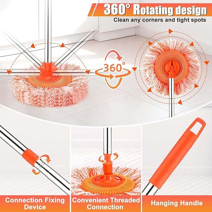 61 in Adjustable Cleaning Mop, Dolodomy 360° Rotatable Mops for Floor Cleaning with 4 Reusable Heads, 2 Fabrics Wall Mop for Floor Door Window Ceiling and Bathroom