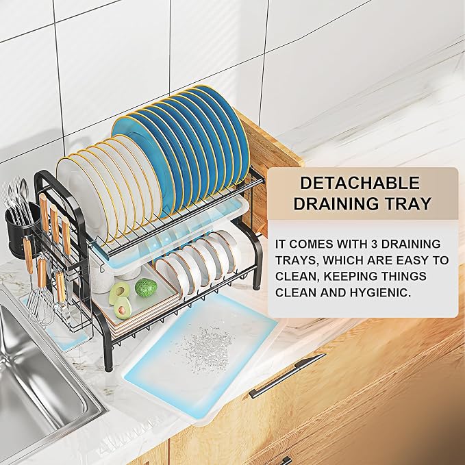 Dish Drying Rack, 2-Tier Stainless Steel Dish Rack for Kitchen Counter or Over Sink, Space Saving Organizer with Removable Drainboard,Home and Appartment Decor, Black