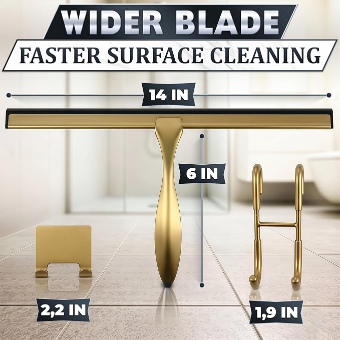 Shower Door Squeegee with Hook - 14" Silicone Blade, Stainless Steel Gold Squeegee for Shower Glass with Adhesive Mount - All-Purpose Bathroom Tile, Mirror, & Window Wiper for Streak-Free Cleaning