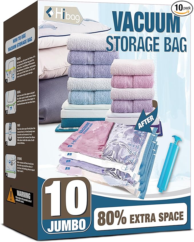 10 Jumbo Vacuum Storage Bags for Bedding, Vacuum Seal Bags for Clothing | Extra Large XL, Airtight Triple Seal, Save 80% Space, Hand Pump, Work with Vacuum, Double Zip, Reusable, Easy to Use