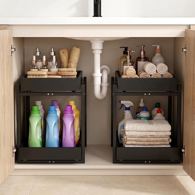 Bamboo Under Sink Organizer and Storage, 2 Pack Pull Out Cabinet Organization, 2 Tier Vertical Slide Out Undersink Storage Shelf, Multi-Purpose Organizer Shelves for Kitchen Bathroom Medicine