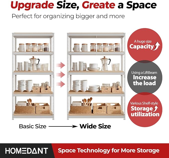 HOMEDANT 47.7" W 5 Tier Heavy Duty Garage Shelving Adjustable Metal Rack Storage Shelves Standing Shelf Unit Organizers Industrial Warehouse Basement White 1Pack
