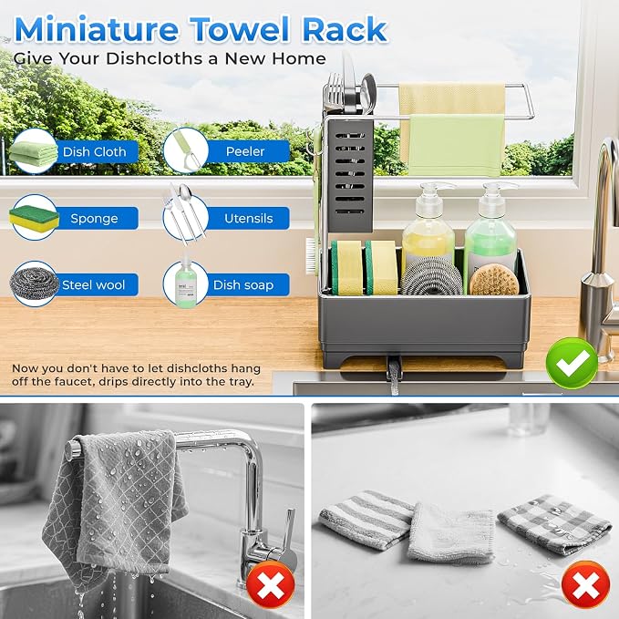 Stainless Steel Sink Caddy, Sponge Holder for Kitchen Sink with Brush Holder and Towel Rack, Sink Organizer for Countertop, Soap Dispenser Kitchen Organizers Storage Essentials(Gray)