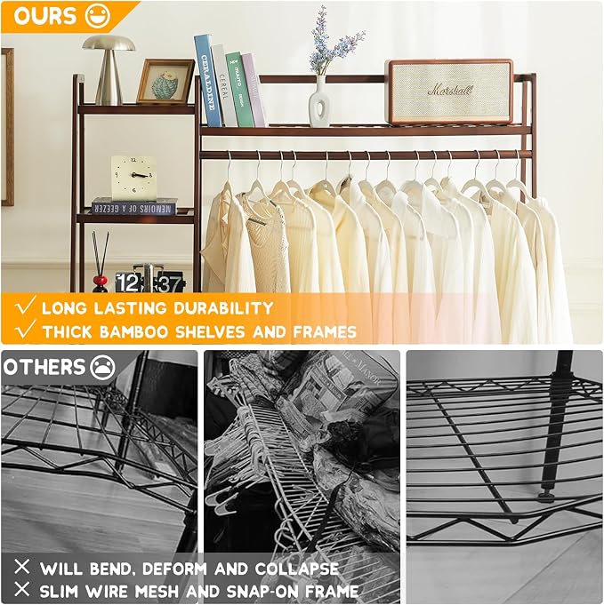 Baveke Bamboo Clothing Garment Rack 7 Tier Storage Shelf Coat Clothes Hanging Rack, Portable Wardrobe Closet Organizer With Top Shelf, Shoe Storage Shelves for Bedroom, Brown, FSC-Certified Bamboo