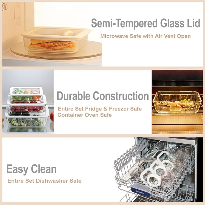Urban Green Glass Food Container Set with Glass Lid, 6 Pack, Food Storage Containers Set, Airtight, LeakProof, Micowave Safe, 100% Plastic Free, Meal Prep Containers (White Color)