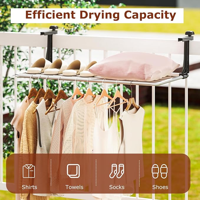 Giantex Portable Clothes Drying Rack, 31" Aluminum Hanging Laundry Rack with Adjustable and Foldable Brackets, Radiator Airer, Indoor Outdoor Towel Rack for Balcony Railings, Windowsill