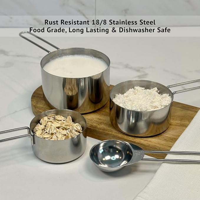 Silver Stainless Steel Measuring Cups and Spoons Set, 8 Piece, Engraved Measurements, Durable Nesting Kitchen Set