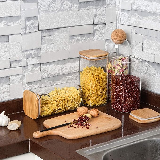 ComSaf 1.6 Qt Square Glass Jars with Bamboo Lids Set of 3, Space-Saving Glass Pantry Storage Containers, Airtight Clear Glass Storage Containers with Wide 3.9" Mouth for Coffee, Sugar, Short Pasta
