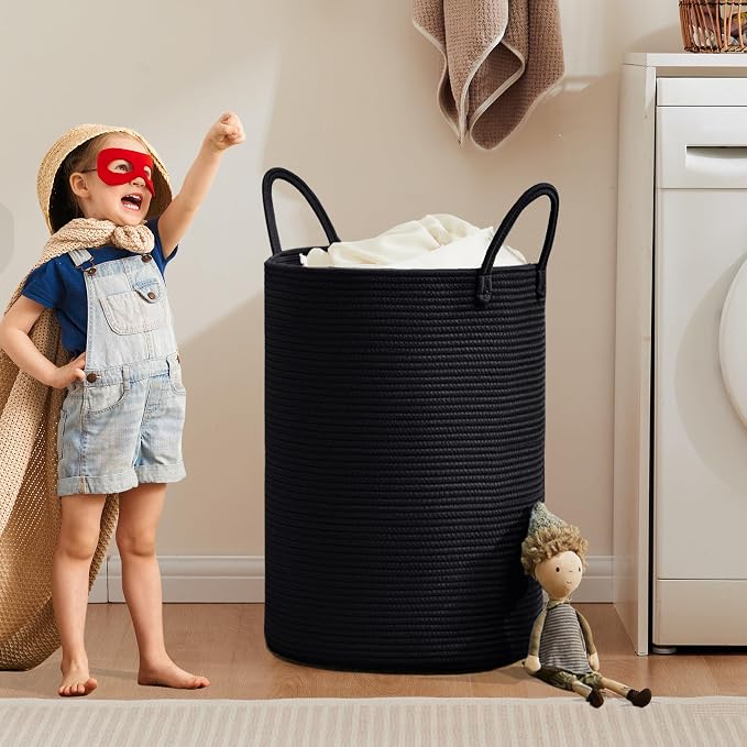80L Large Black Hamper Woven Tall Laundry Basket for Clothes | Cotton Rope Modern Blanket Storage Basket in Living Room Bedroom 16Dx22H inches