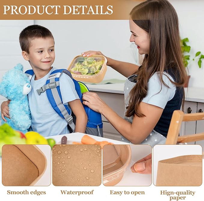 50 Pack Disposable Meal Prep Containers, 25oz Disposable Large Paper Bowls with Lids and Forks for Salad, Noodles, Freezer and Microwavable Storage Use Cardboard Food Containers