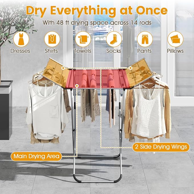 Giantex Foldable Clothes Drying Rack, Freestanding Aluminum Laundry Drying Rack with 2 Side Wings, Portable Space-Saving Clothing Airer for Indoor Outdoor Use