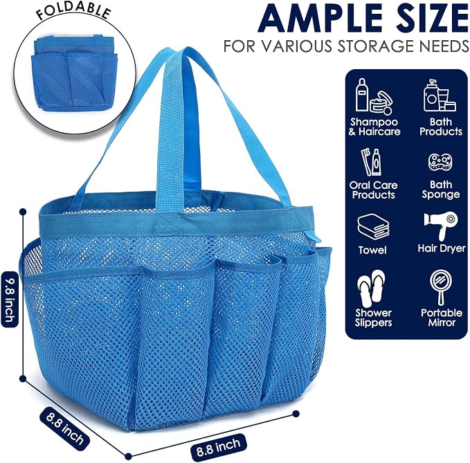 GYEUKHAM Mesh Shower Caddy Portable for College Dorm, Quick Dry Hanging Shower Bag with 8 Pockets, Bathroom Tote Organizer for Gym, Travel, Camping, Blue