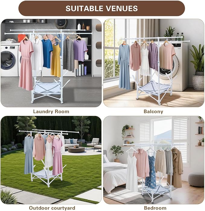 Foldable Clothes Drying Rack with Extendable Rod and Wheels | Folding clothes drying rack Double Rod Extendable 33.1–56.7 Inches,with Wheels, Sweater Drying Net, Hat Hanger
