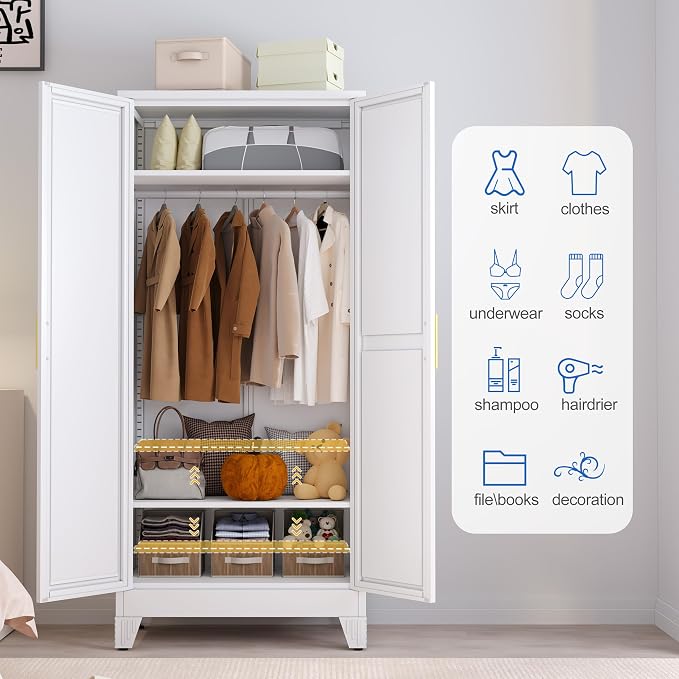 GAIOUS Metal Wardrobe Cabinet with Mirror and Hanging Rod, 71" White | Clothing Storage Cabinets with 2 Doors and Adjustable Shelves, Armoire Wardrobe Closet for Bedroom, Laundry Room, Cloak Room