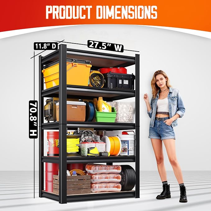 6-Pack 5-Tier Heavy Duty Metal Shelving Units, 71" H x 28" W x 12" D, Adjustable Steel Storage Racks for Garage, Warehouse, Industrial, and Home Organization, 1900 lbs Capacity