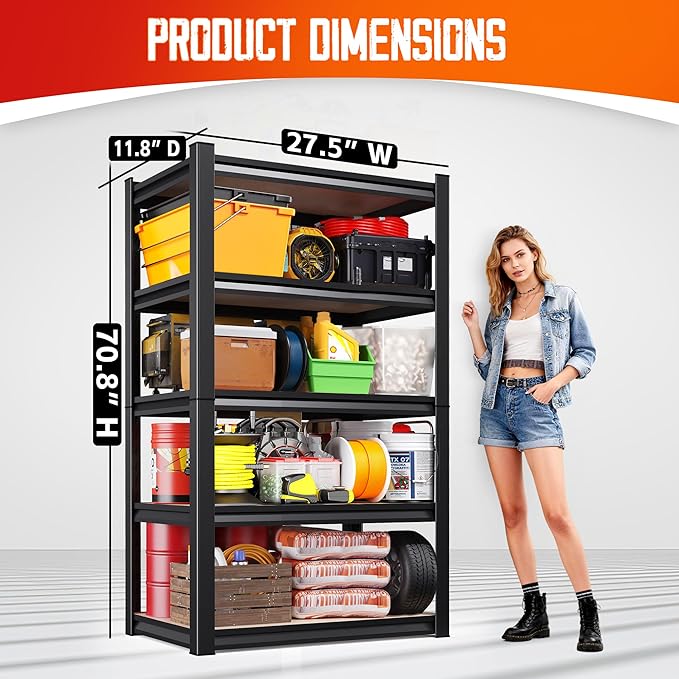 7-Pack 5-Tier Heavy Duty Metal Shelving Units, 71" H x 28" W x 12" D, Adjustable Steel Storage Racks for Garage, Warehouse, Industrial, and Home Organization, 1900 lbs Capacity，Black