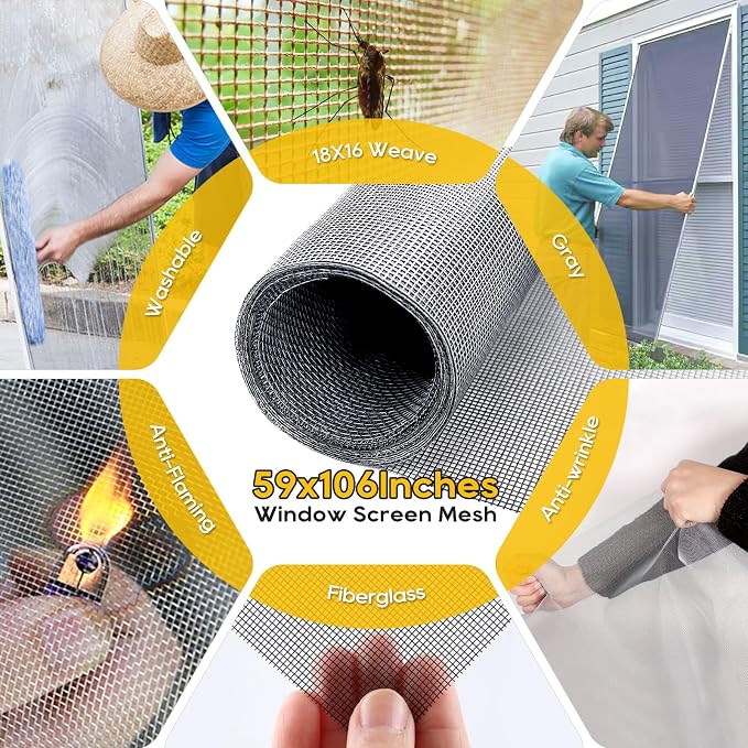 King&Charles Window Screen Replacement, 6in1 Window Screen Door Repair Kit | 59"x106" Gray Screen Mesh, Steel/Nylon Bearing Roller, 0.14in x 50ft Spline, 8 Clips & Hook for Windows, Doors, Patio & RV