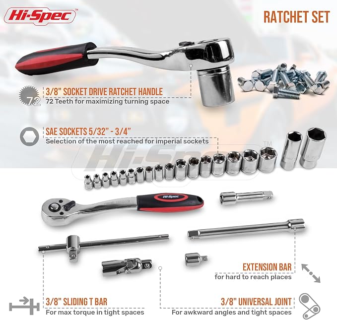 Hi-Spec SAE Auto Mechanics Hand Tool Kit Car Motorcycle Ratchet Wrench | 67pc, socket and wrench coverage, roadside fixes, organized box, garage maintenance help, bike and vehicle tasks, quick setup