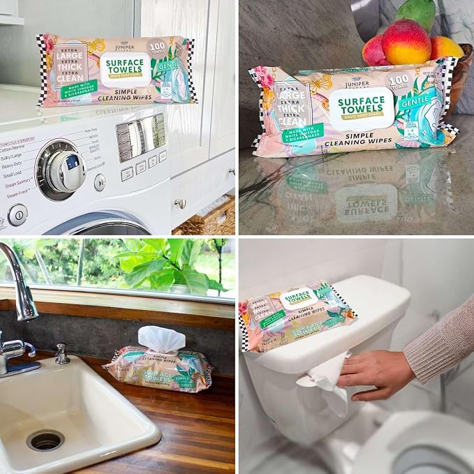 Juniper CLEAN 6 Packs Surface Cleaning Wipes, Thick & Large Dispose, All-Purpose Cleaner for Bathroom, Kitchen, Office, 600 Count Soft Flow, Biodegradable, White Soap Scent