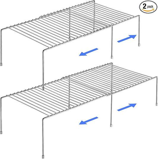 Tomorotec Spice Rack Cabinet Organizer, Expandable Steel, Kitchen, Silver | Stackable Two-Pack Storage Shelves with Anti-Slip Protective Rubber Feet for Pantry or Countertop
