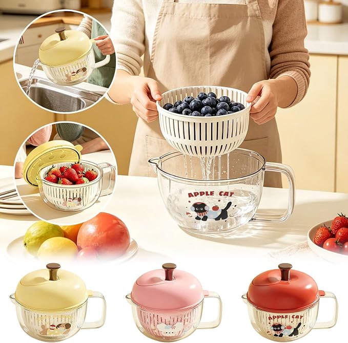 Salad Washer and Spinner with Bowl, Fruit and Vegetable Washer & Dryer, Vegetables Fruits Wash Bowl for Blueberries, Grapes & Cherry Tomatoes, Easy-Clean Kitchen Gadget for Greens (Red)