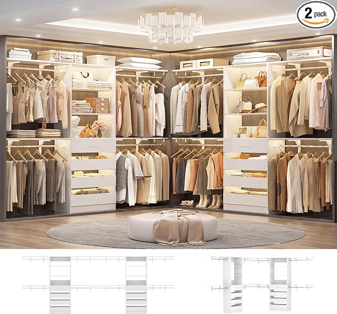 Aheaplus Closet System with Drawers Set of 2, Wood Closet Organizer System with 8 Hanging Rods & Top Shelves, Walk-in Closets Organizer Wardrobe Clothes Rack System, Cut Fits Spaces 4-9FT. Wide, White