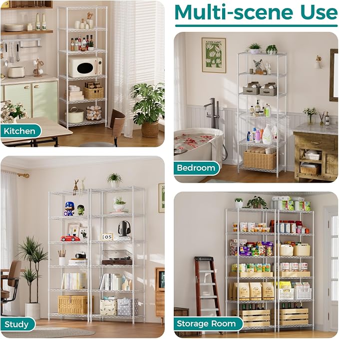 SINGAYE 6 Metal Shelves Wire Shelving Storage Shelf Adjustable Unit Pantry | 6 Tier Kitchen Laundry Room Organization Home Pantry Closet Bathroom Organizers Garage Rack 14" D x 24" W x 72" H White