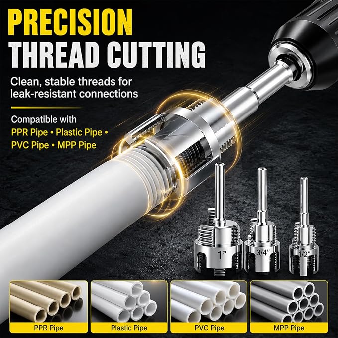 3 Pcs Internal & External Pipe Threading Tool, Function Pipe Thread Cutting Tool for 1/2" & 3/4"& 1" PVC/Plastic Pipes, Electric Drill Compatible Pipe Threader Kit for Home Repair