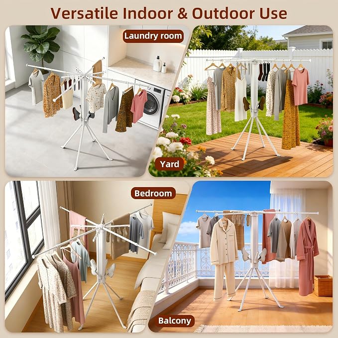 Clothes Drying Rack Foldable, 4-Leg Base, 16 Clips, 4 Shoe Holders | Holds Up To 88 lbs, Rust-Resistant, Quick Fold, Fits 90°/180°/270° Corners, Independently Extendable Rods
