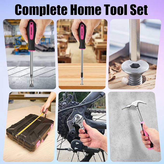 JENABOM 127-Piece Home Tool Set with 8V Pink Cordless Drill | With Portable Toolbox, Hand Tools for Home Repair, DIY Projects & Daily Use, Gift for Women & Men