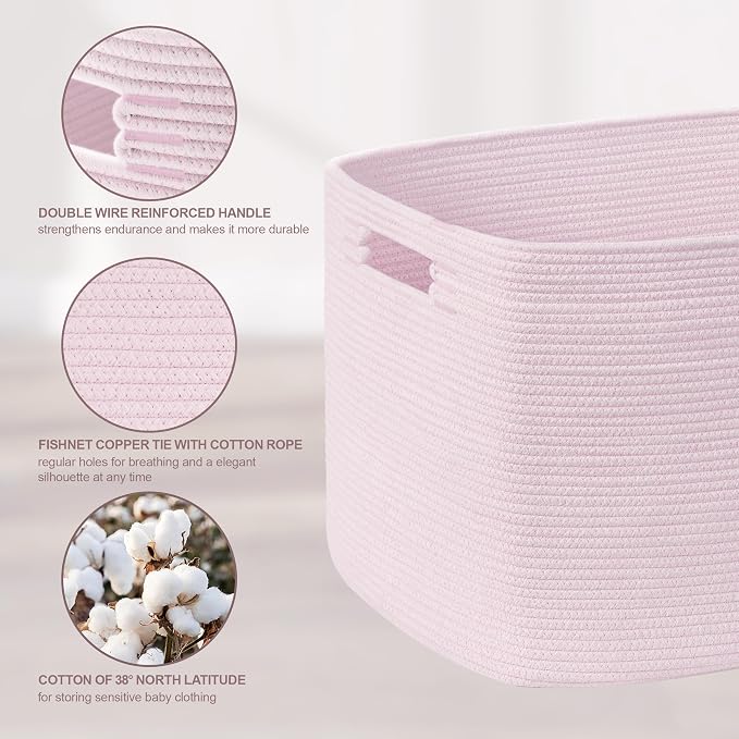 72L Large Woven Laundry Basket Hamper with Handles, Pink | collapsible wicker hamper, storage for dirty clothes, toys, blankets, gifts, living room, bedroom, bathroom, 22"x17"x12"