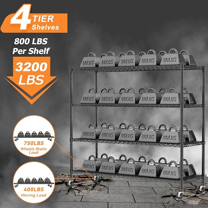 ROOMTEC 4-Tier Rolling Garage Shelving, 60"L*24"W*72"H, Max Loads 3200LBS | Wire Shelves with Wheels, Storage Rack Heavy Duty, Adjustable Metal Industrial Shelf for Kitchen,Pantry,Warehouse,Basement