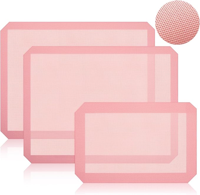 3 Pack Perforated Baking Mat, Eclair Pink Silicone Non Stick Baking Mats 2 Half Sheets & 1 Quarter Sheet, Food Reusable Safe Oven Liners Mats for Cookie Bread Pizza Pastry 16.5" x 11.6"pink