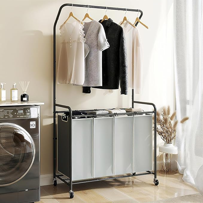 ROMOON Laundry Hamper Sorter Cart, 4 Section Organizer with Hanging Bar | 180L Rolling Laundry Basket with Heavy-duty Lockable Wheels and Clothes Rack for Laundry Room, Closet, Small Spaces, Grey