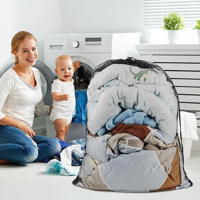 Large Mesh Laundry Bags: 2 Pack 24" x 36" Heavy Duty | Soft Breathable, Machine Washable, For College Dorm, Travel Family Use, Black